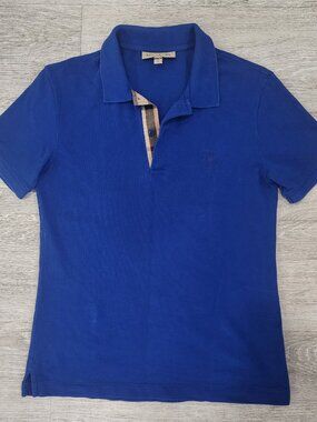 Burberry London Nova Check Plaid Placket Blue Polo Shirt Women's Size XS